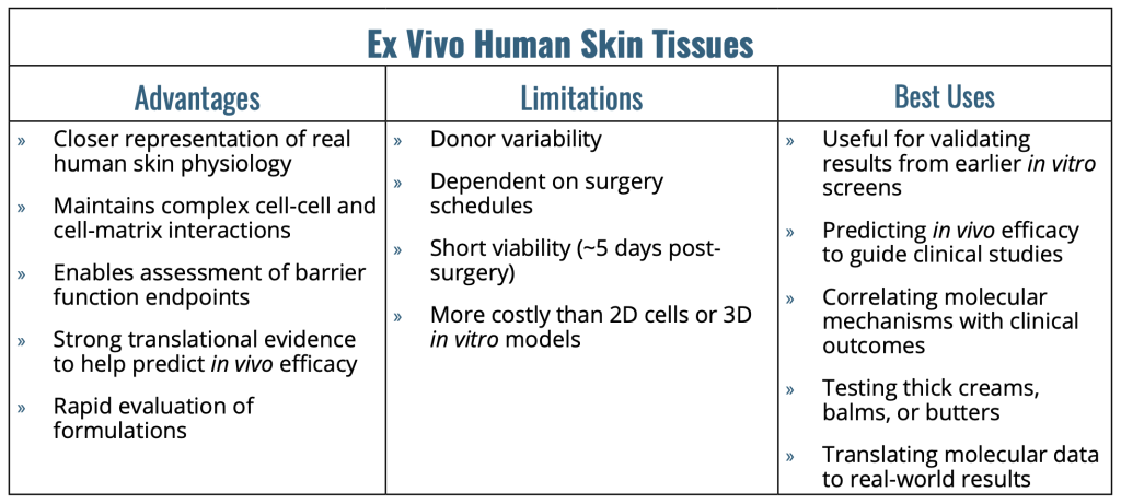 Chart shows the advantages, limitations, and best uses of ex vivo human skin tissues for skincare research