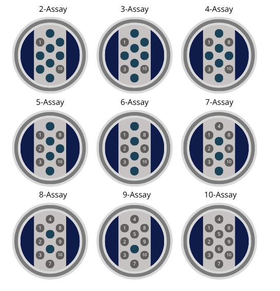 Meso Scale Discovery 10 spot well plate showcasing how anywhere between 2-10 assays can be run on a single plate